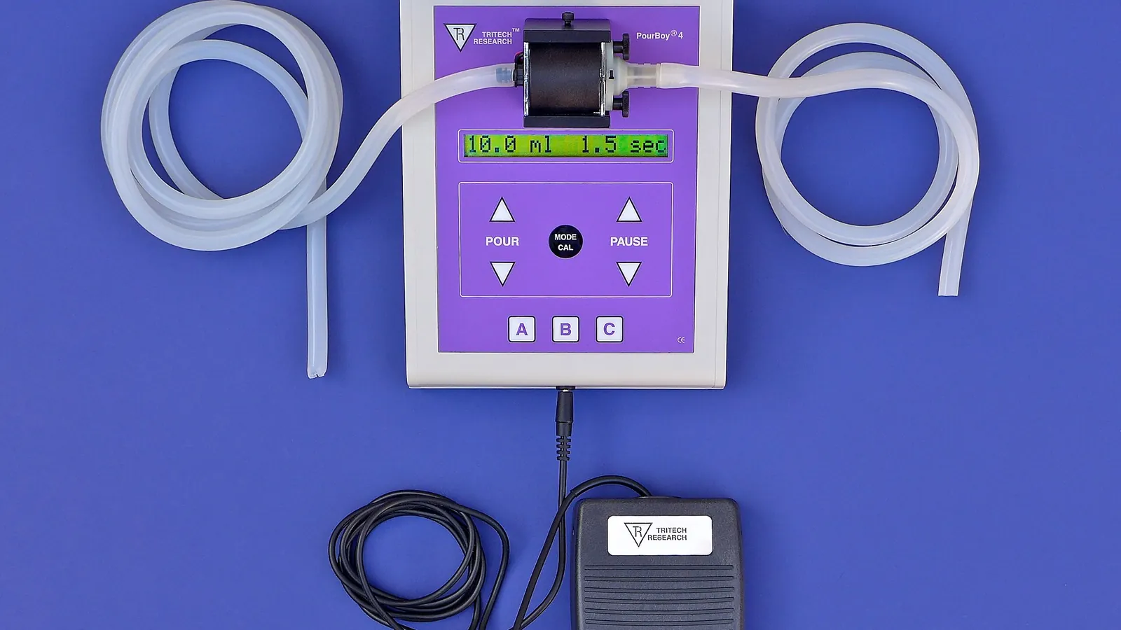 Sterile-media peristaltic dispenser with coiled tubing and foot pedal
