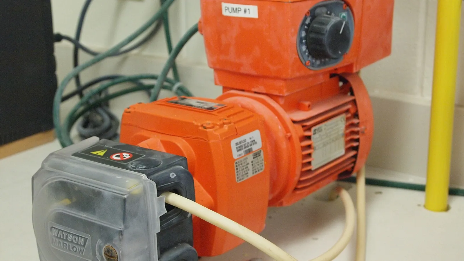 Industrial peristaltic pump with tubing installed in a plant setting